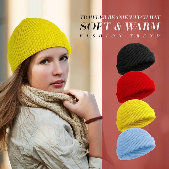 ⚡Unisex Black, Red, Yellow, Light Blue 4 Pieces Watch Hat Fisherman Beanie - Picture 6 of 6